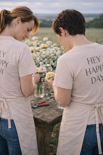 Weddingplanner bei der Arbeit mit Blumen – Hey Happy Day Hochzeitsplanung im Outdoor-Setting, ruhig und konzentriert.