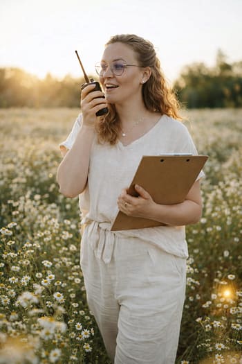 Weddingplanner organisiert ein Outdoor-Hochzeitsevent im Kamillenfeld mit Walkie-Talkie und Ablaufplan