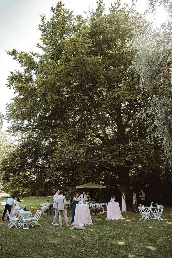 Sektempfang bei einer Gartenhochzeit unter großen Bäumen – entspannt geplantes Hochzeitsfest