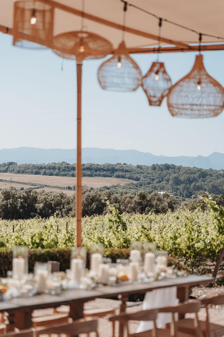 Lange Tafel unter freiem Himmel bei einem Wedding Weekend inmitten von Weinbergen