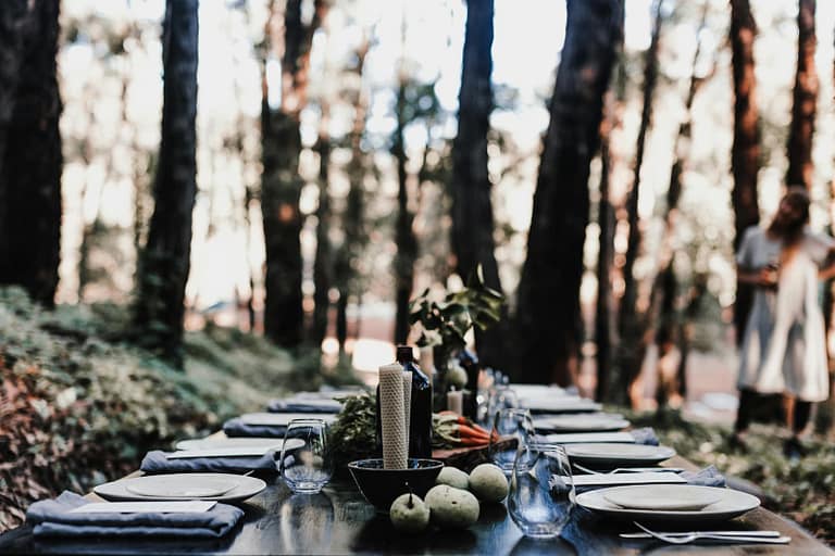 Lange Picknick Tafel im Wald bei einer Outdoor-Hochzeit mit Fokus auf Natürlichkeit und Atmosphäre.