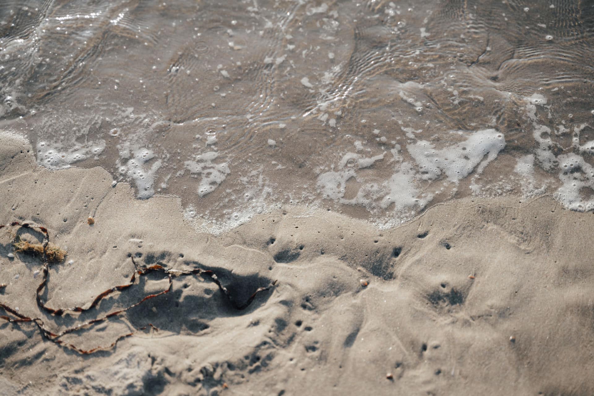 Detailaufnahme von Sand und Wasser am Meer während eines Hochzeitswochenendes